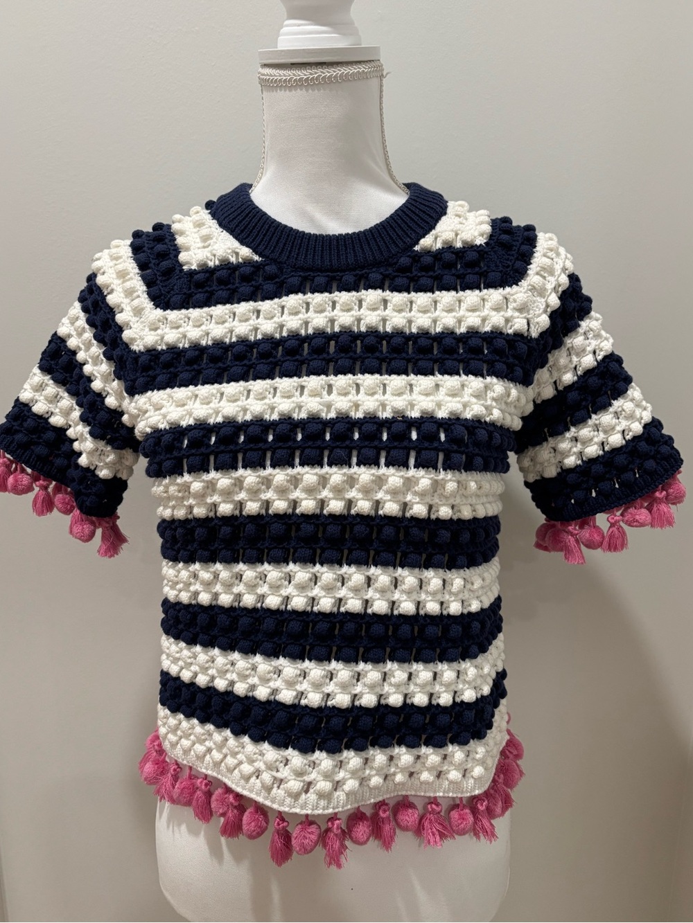 Kate Spade Bouble Crochet Sweater, Navy & White, Pink Pom-Trim, Size XS